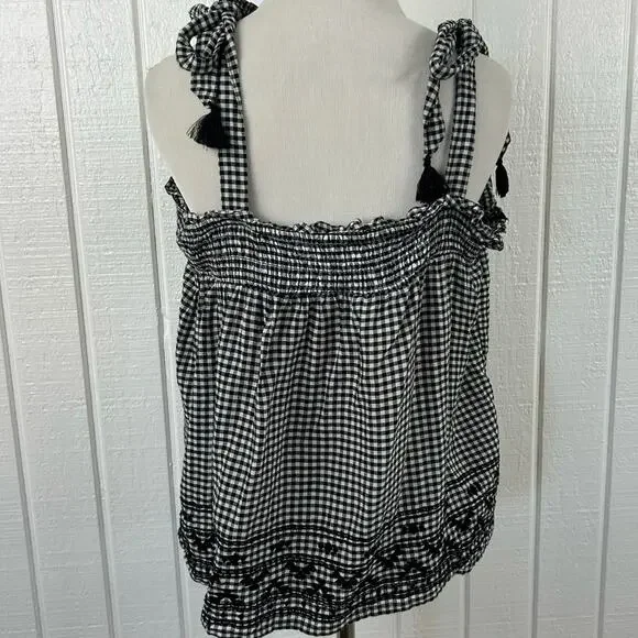 Old Navy Gingham Tank Top Preppy Boho Women Black Sleeveless Embroidery Large - Picture 5 of 7